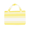 A yellow and white striped foldable beach towel bag with sturdy handles, featuring a logo.