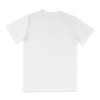 A plain white T-shirt with a round neck and short sleeves, featuring a logo on the back.
