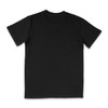 A black t-shirt with a plain back. The fabric appears soft and casual. It features a branding logo.