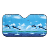 A foldable car sunshade featuring a vibrant blue ocean scene with dolphins leaping against a sky backdrop.