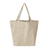 A beige tote bag featuring three exterior pockets and two sturdy handles. It has a simple, unbranded design.