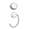 A silver bag hanger with a circular design, featuring a logo and a hinge for easy attachment.