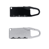 A black and silver travel padlock with a carabiner-style clip, featuring multiple locking mechanisms.