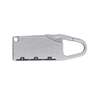A silver travel padlock with a sleek design and a combination dial for security features. It includes a carabiner clip.