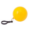 A yellow promotional poncho packed inside a ball keyring with a black clip attachment.