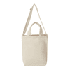 A cream tote bag with two handles and an adjustable shoulder strap, featuring a logo on the front.