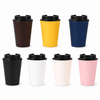 A drink bottle set featuring black, brown, yellow, navy, white, pink, and cream thermo cups with black lids and a logo.