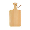 A pinewood cutting board with a natural finish and a looped leather tie.
