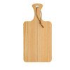 A pinewood cutting board with a handle and leather tie, featuring a natural wood finish.