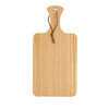 A rectangular pinewood cutting board with a handle, featuring a natural wood finish and a leather tie.