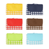 A collection of picnic blankets in various colours: yellow, navy, red, brown, green, and light blue, each with a checkered pattern.