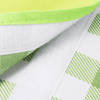 A green and white checkered picnic blanket with a textured surface and a soft lining along the edge, featuring a logo.