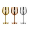 A set of three stainless steel wine goblets in gold, rose gold, and silver, each with a branding logo.