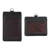 A black PU leather card holder with two compartments, featuring clear windows for display and a metal ring attachment.