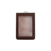 A brown PU leather ID card holder with a clear front window and a loop for attachment.