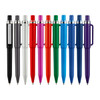 A collection of Stanley plastic pens in various colours, including black, red, blue, green, purple, and pink, with a logo.