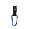 A blue carabiner keychain with a black strap and a compass attached. It features a logo on the strap.