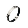 A stylish silver bracelet with black accents, featuring a sleek buckle latch and a smooth metallic surface.