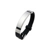 A sleek black and silver metal bracelet featuring a smooth design and a secure clasp. The product has a logo.