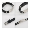 A black silicone bracelet with a silver metal clasp and detailing, featuring multiple angles of the product.