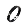 A black bracelet with a stainless steel buckle latch and a sleek design. It features a logo on the band.