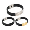 Three bracelets featuring engraved stainless steel buckle latches, with black silicone bands; one has a gold accent.
