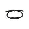 A black metal woven bracelet with a sleek, curved bar and a silver clasp. Features a logo.