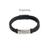 A double-row braided leather bracelet in black with a metallic engraving and a clasp closure.