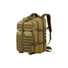 A tan tactical backpack featuring multiple compartments, adjustable straps, and a branding logo.