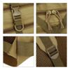 A tactical backpack in tan, featuring buckles and straps, with a mesh section and detailed stitching throughout.
