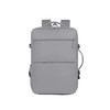 A grey expandable travel backpack with multiple compartments and a side handle, featuring a logo.