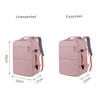 A pink expandable travel backpack, shown in both expanded and unexpanded forms, with multiple compartments and zippers.