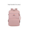 A pink expandable travel backpack with multiple compartments and a logo on the front.