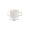 A white ceramic mug with a handle, featuring dimensions of 6.6cm in height and 8cm in width.