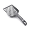 A large grey cat litter scoop with a slotted design and a handle, featuring a logo on the side.