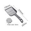 A large grey cat litter scoop with a slotted design for easy filtering, featuring measurements and a circular handle hole.