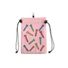 A pink pouch with a drawstring closure, featuring colourful golf tees in various hues and a logo.