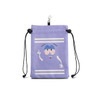 A purple pouch with a cartoon character design, featuring a clasp and drawstring closure for storage.