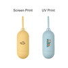 Eco Pill Shape Pet Wastebag Dispenser in yellow and light blue, featuring a branding logo on the blue version.