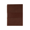 A brown notebook with ribbed texture and a smooth band across the centre. Includes a logo on the cover.