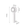 A portable handheld fan in white, featuring a round head and a slender handle, with dimensions displayed beside it.