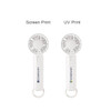 A portable handheld fan in white with a logo, featuring a fan blade design and a loop for attachment.