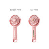 A pink handheld fan with a 180° adjustable angle, featuring two printing styles and a branding logo.