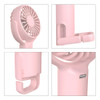 A pink handheld fan with a 180° adjustable angle, featuring a logo and a hook for easy holding.