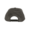 A black and grey two-panel cap with a round back and adjustable strap. The cap features a logo.