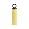 A drink bottle in a soft yellow colour, featuring a black lid and a magnetic phone holder.