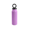 A drink bottle in vibrant purple with a black lid and a circular ring for easy carrying.