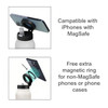 A drink bottle with a magnetic phone holder feature, designed in stainless steel, featuring a white finish.