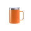 An orange stainless steel cup with a handle and a clear lid, suitable for hot or cold beverages.