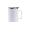 A stainless steel cup with a white exterior, clear lid, and handle, available in various sizes.